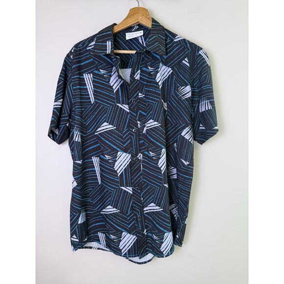 Projek Raw Other - Projek Raw Mens Button Front Shirt Blue Black Geometric Print Short Sleeve M